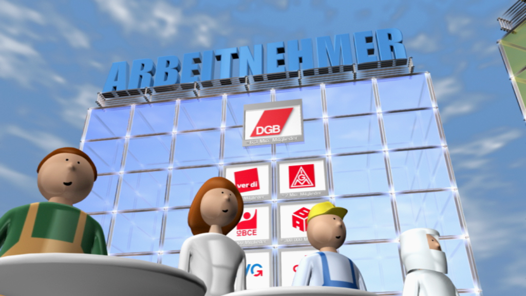 3D-Animation von Personen vor einem großen Bildschirm mit dem Wort 'ARBEITNEHMER' und verschiedenen Logos von Gewerkschaften.