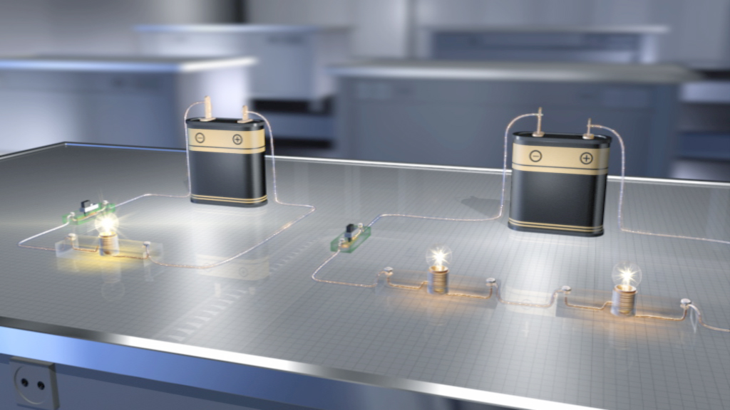 Drei Batterien auf einem Tisch, verbunden mit Drähten zu leuchtenden LEDs, die verschiedene Schaltkreise darstellen.