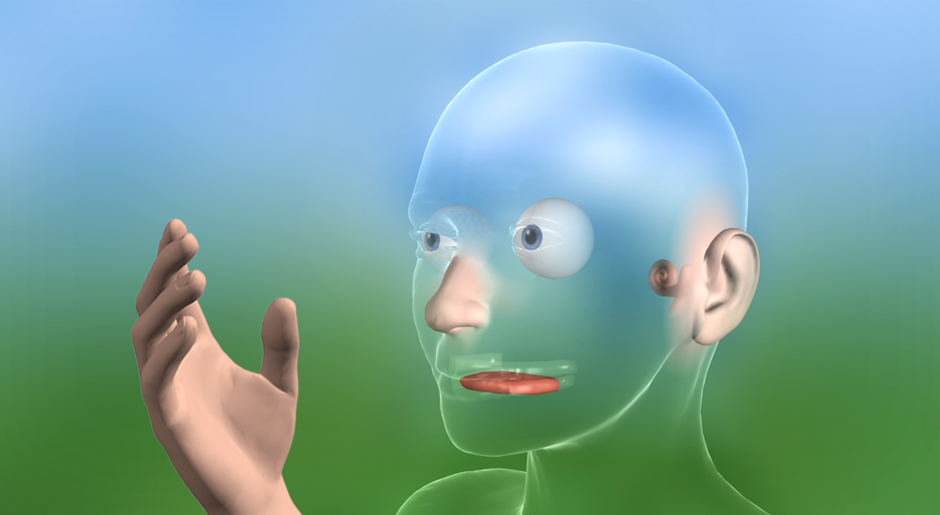 Ein stilisierter menschlicher Kopf mit transparentem Gesicht und Hand, die nach oben zeigt.