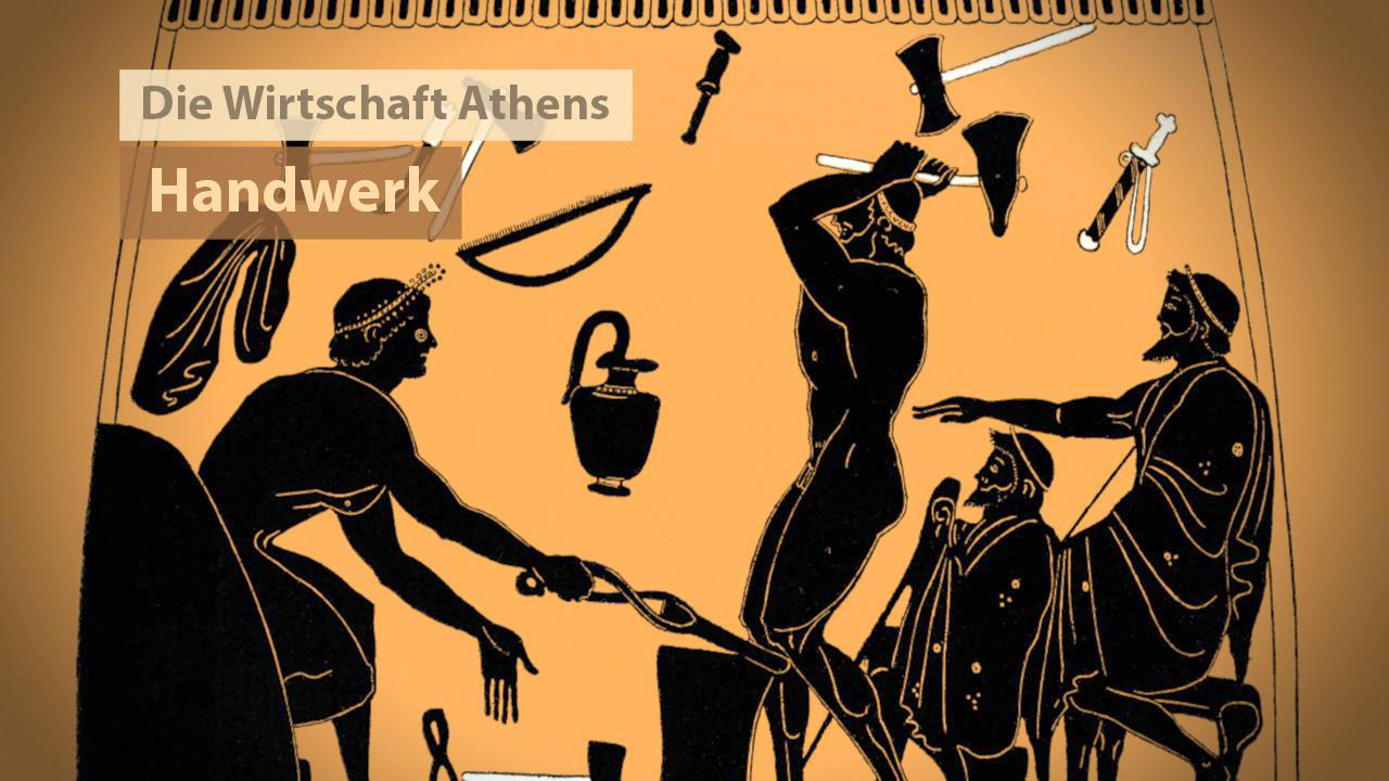 Antike griechische Darstellung von Handwerk und Wirtschaft in Athen, mit verschiedenen Werkzeugen und Figuren.
