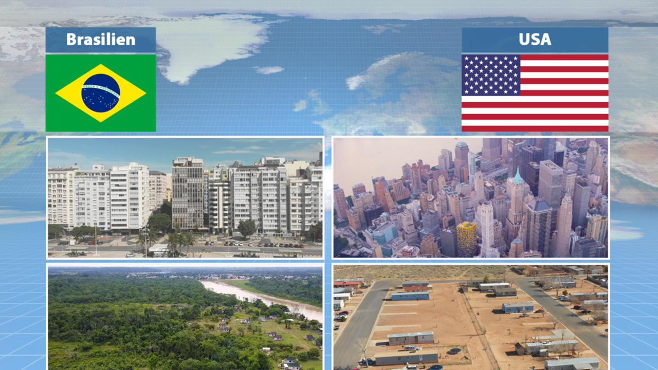 Karte mit Flaggen von Brasilien und den USA, darunter städtische und ländliche Landschaften beider Länder.