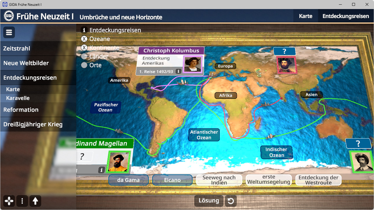 Weltkarte mit Kontinenten, Ozeanen und Routen historischer Entdeckungsreisen, darunter Christoph Kolumbus und Ferdinand Magellan.