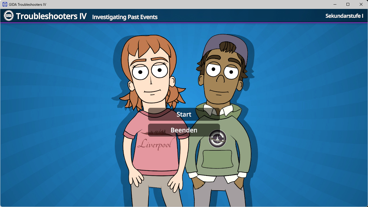 Menü der Software "Troubleshooters IV – Investigating Past Events".