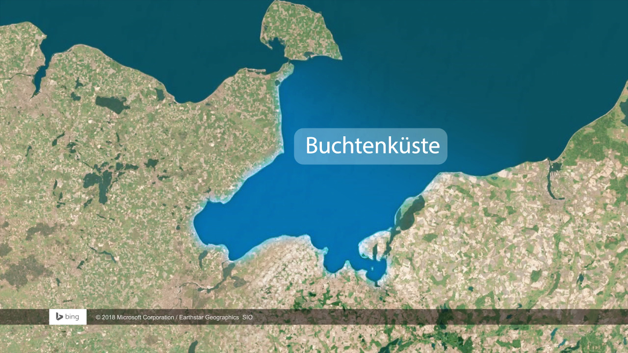 Karte der Bucht mit der Beschriftung 'Buchtenküste', zeigt Wasser und umliegendes Land.