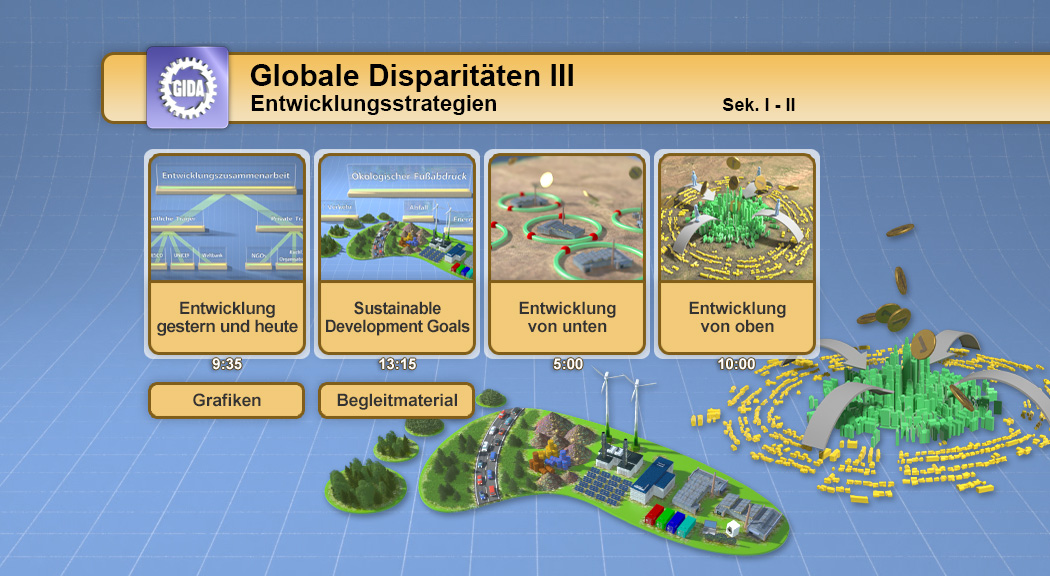Infografik zu globalen Disparitäten mit vier Sektionen: Entwicklung gestern und heute, nachhaltige Entwicklungsziele, Entwicklung von unten, Entwicklung von oben.