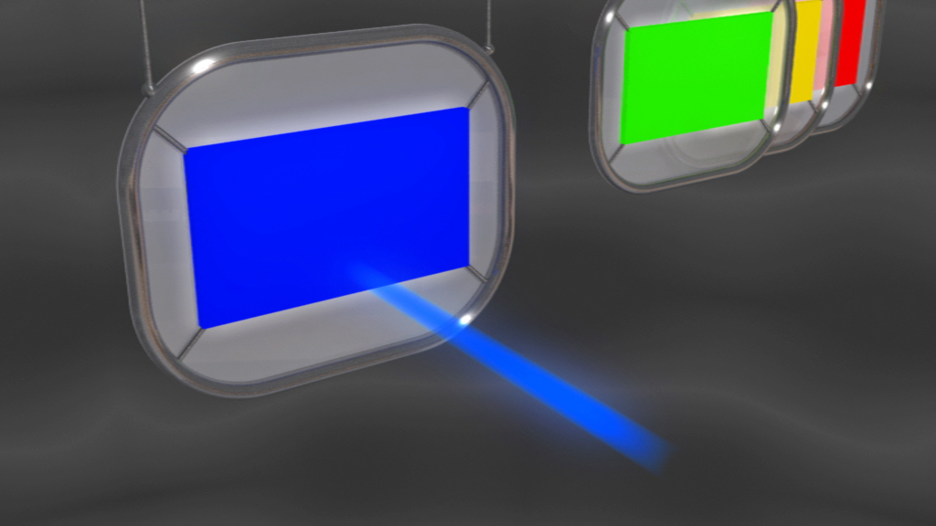 Ein blauer Bildschirm mit einem Lichtstrahl, umgeben von farbigen Bildschirmen in grün, rot und gelb.