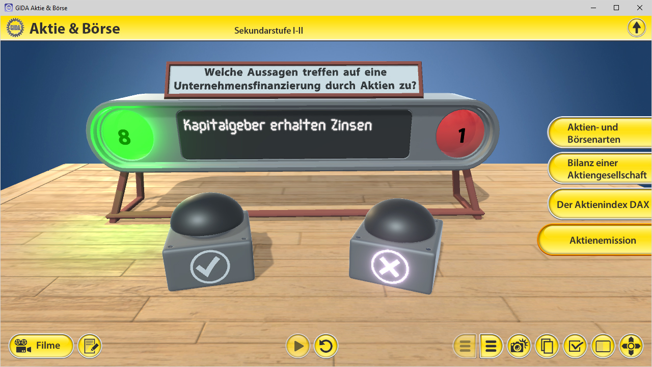 Interaktive Lernplattform zeigt eine Frage zur Unternehmensfinanzierung durch Aktien mit zwei Antwortmöglichkeiten.