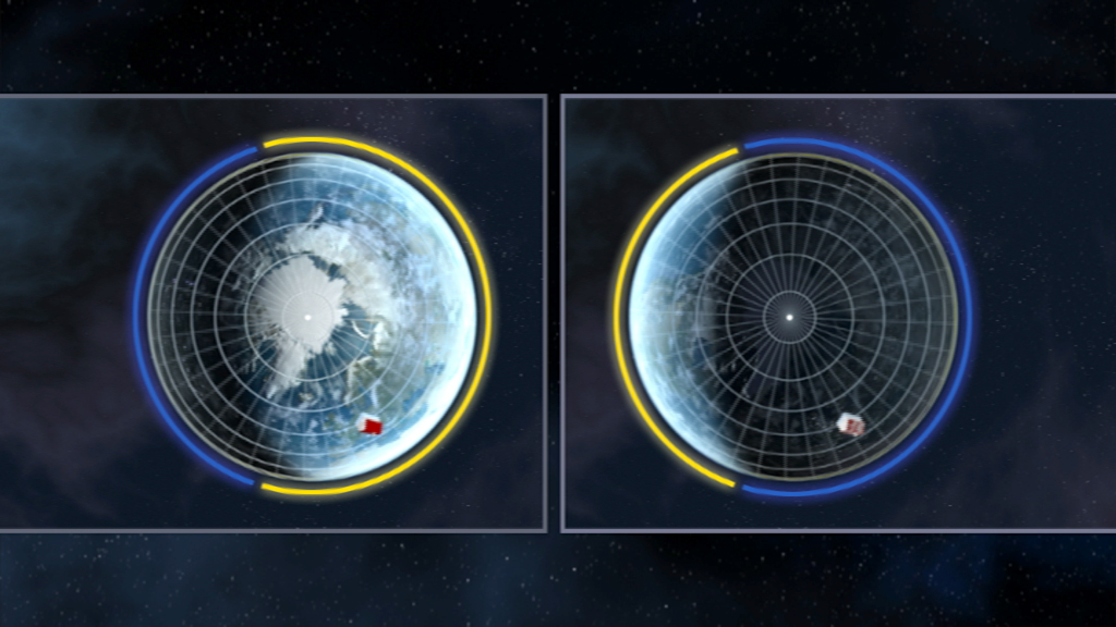 Grafik zeigt zwei Ansichten der Erde mit Polarregionen, eine mit farbigen Kreisen zur Darstellung von Koordinaten oder Zeit.