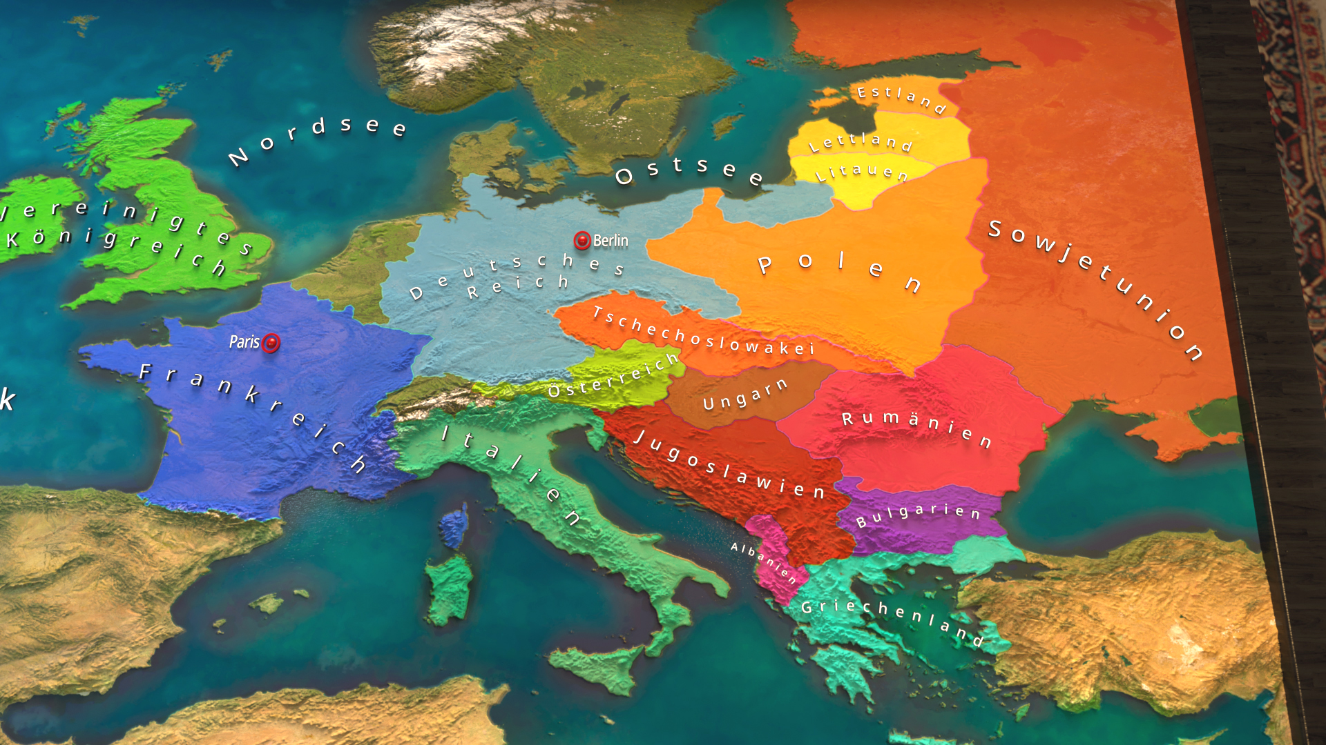 Farbenfrohe politische Karte von Europa mit Ländernamen in deutscher Sprache, darunter Polen, Frankreich und die Sowjetunion.