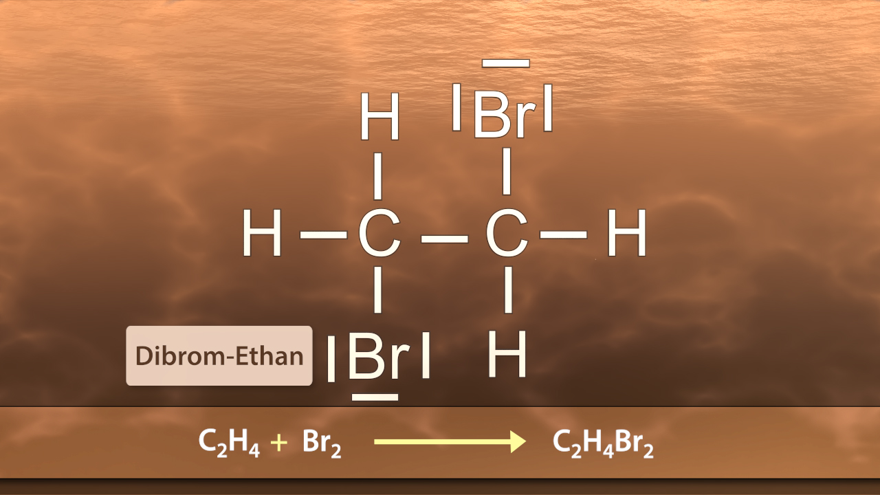 Chemische Strukturformel von Dibrom-Ethan mit Reaktionsgleichung.