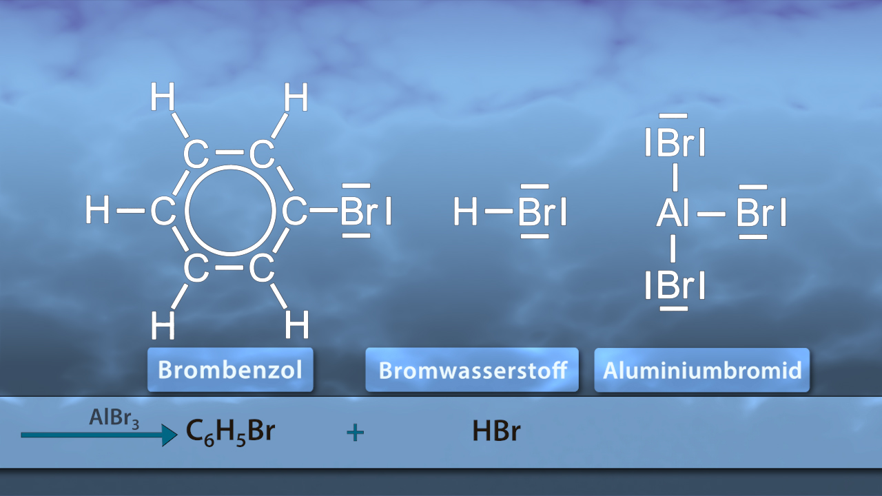Chemische Reaktion von Brombenzol mit Aluminiumtribromid zur Bildung von Bromwasserstoff und Aluminiumbromid.