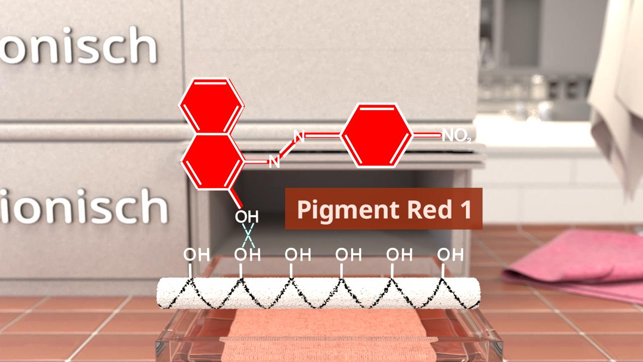 Chemische Struktur von Pigment Rot 1 mit chemischen Bindungen und OH-Gruppen.