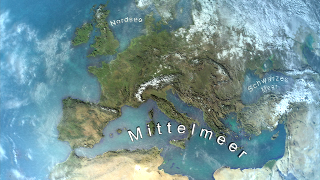 Karte von Europa mit dem Mittelmeer in der Mitte, Nordsee und Schwarzes Meer beschriftet.