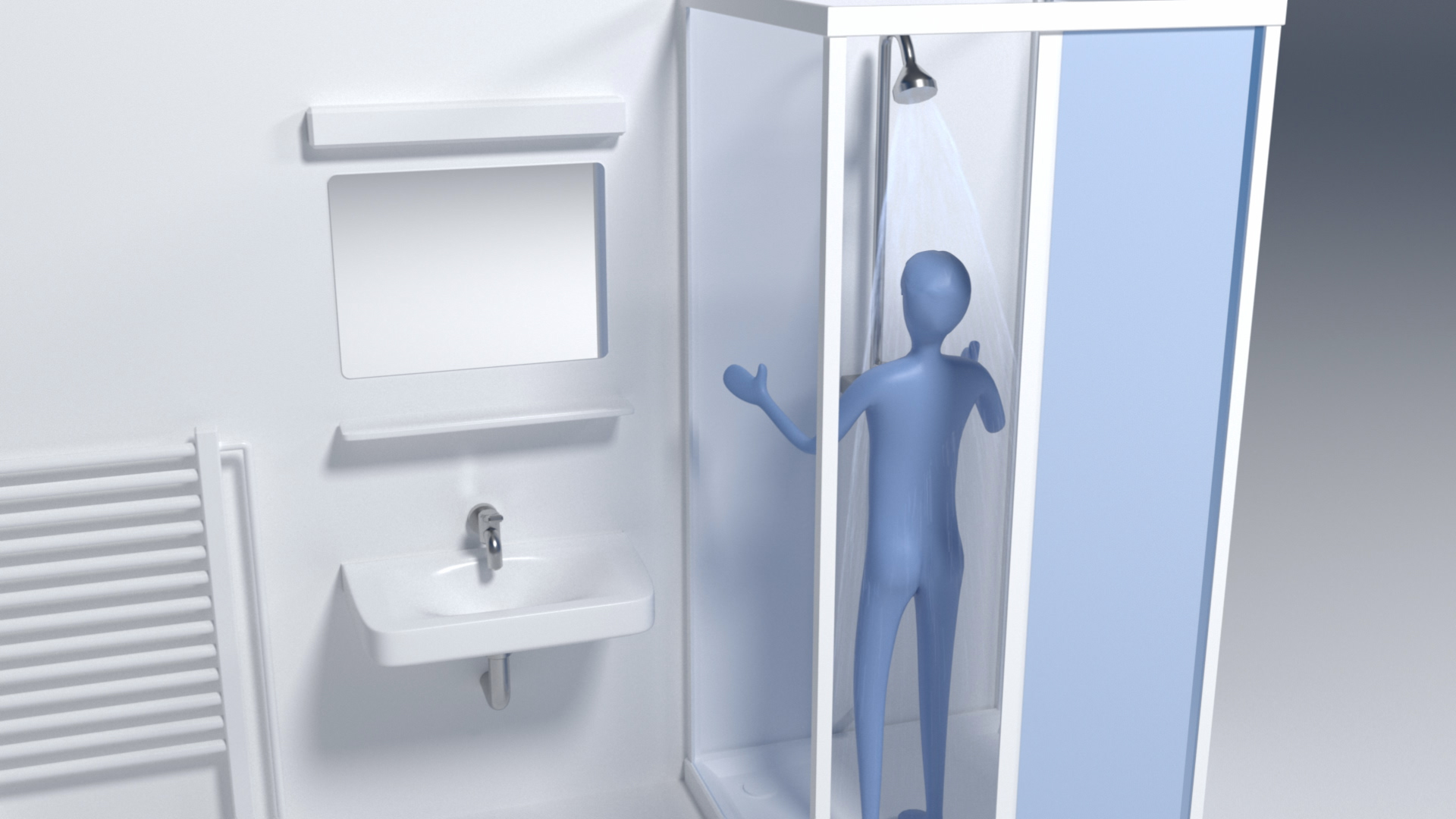 Eine stilisierte Figur steht unter einer Dusche in einem modernen Badezimmer mit Waschbecken und Spiegel.