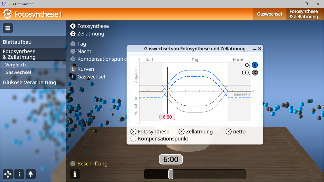 Interaktive Grafik zur Fotosynthese und Zellatmung mit Diagramm von CO2- und O2-Werten über die Zeit.