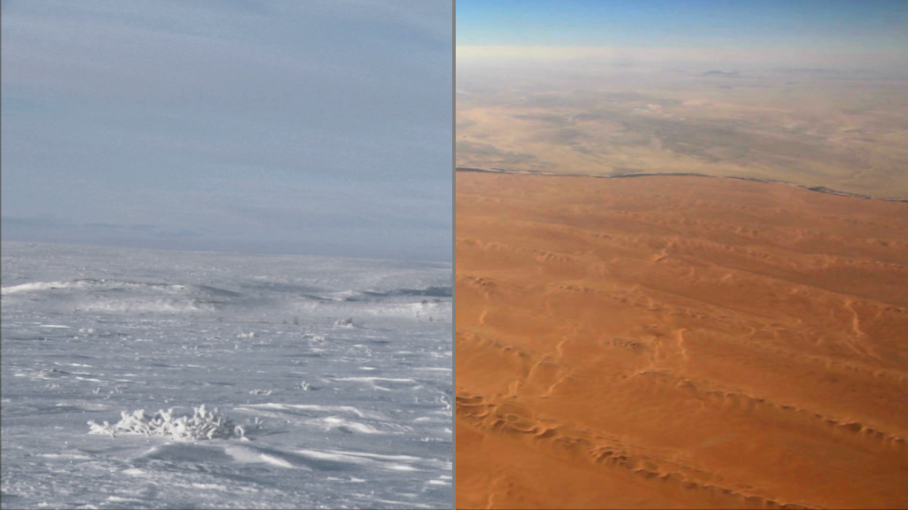 Vergleich von zwei Landschaften: links eine eisige, schneebedeckte Fläche, rechts eine trockene, sandige Wüste.