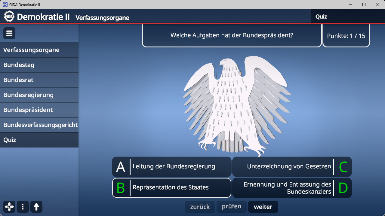 Screenshot eines Quizprogramms zum Thema Verfassungsorgane mit der Frage 'Welche Aufgaben hat der Bundespräsident' und vier Antwortmöglichkeiten, darunter 'Leitung der Bundesregierung', 'Repräsentation des Staates', 'Unterzeichnung von Gesetzen' und 'Erne