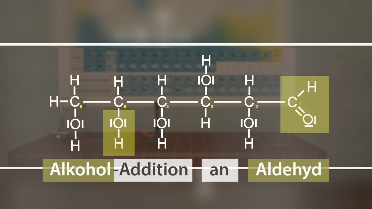 Chemische Strukturformel zur Alkoholaddition an Aldehyd, mit hervorgehobenen Atomen und Reaktionsschritten.