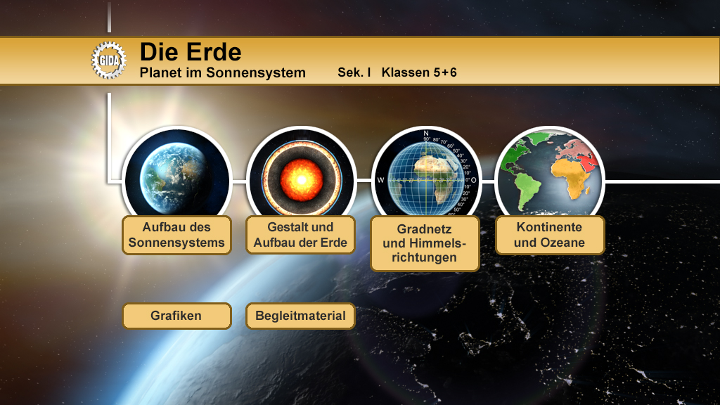 Infografik über die Erde im Sonnensystem mit Themen: Aufbau des Sonnensystems, Gestaltung der Erde, Größenverhältnisse, Kontinente und Ozeane.