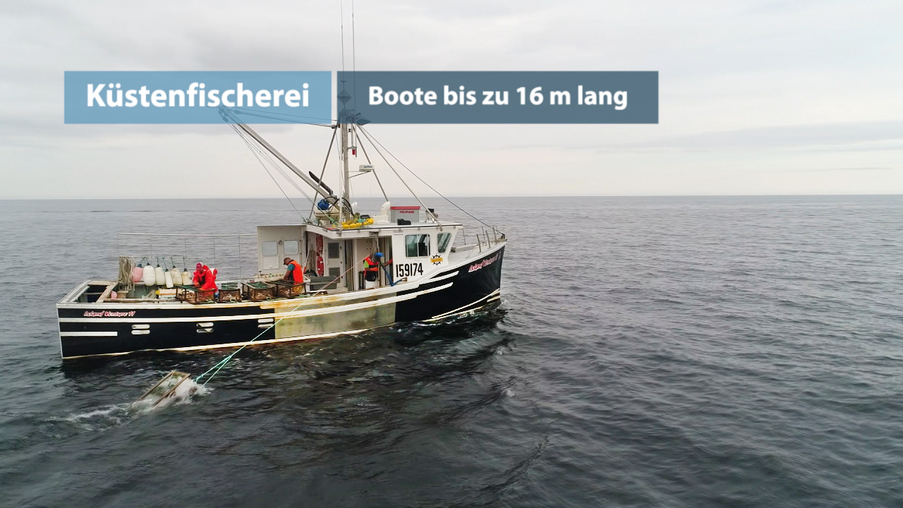 Ein Küstenfischerboot, das im offenen Meer fischt, mit mehreren Fischern an Bord.