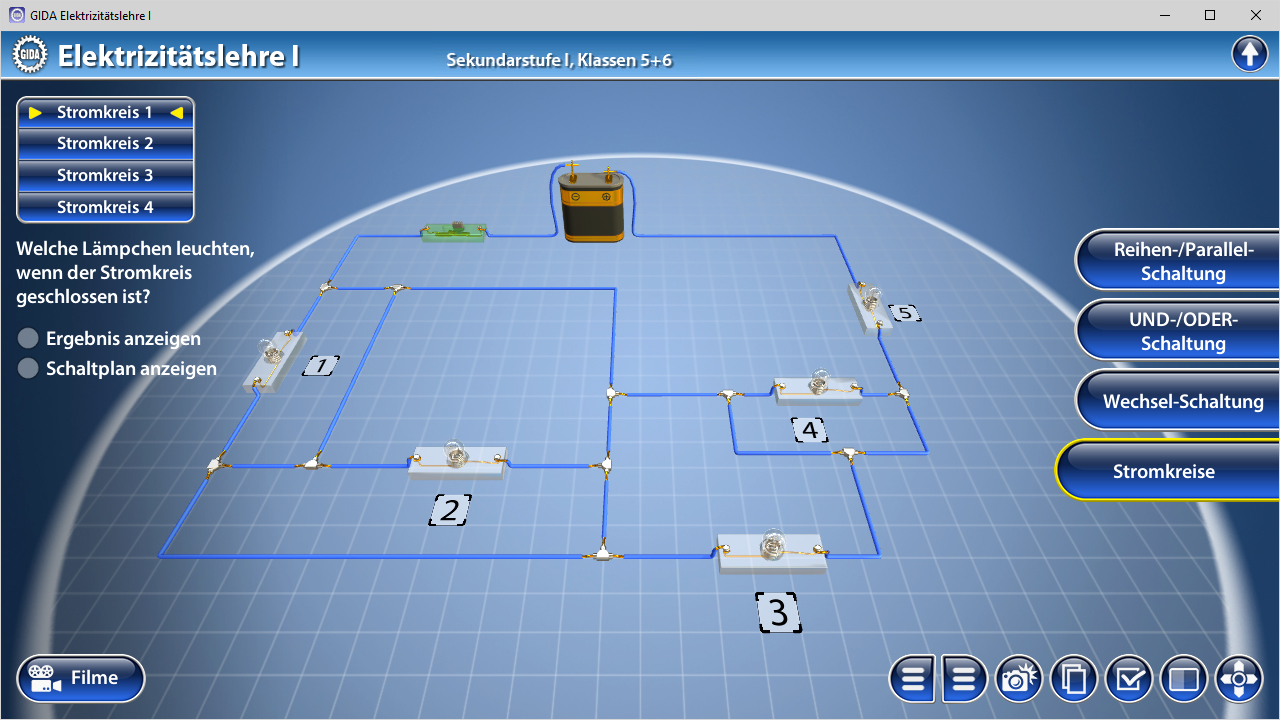 Interaktive Simulation eines Stromkreises mit vier Lampen und einer Batterie, die verschiedene Schaltungen zeigt.