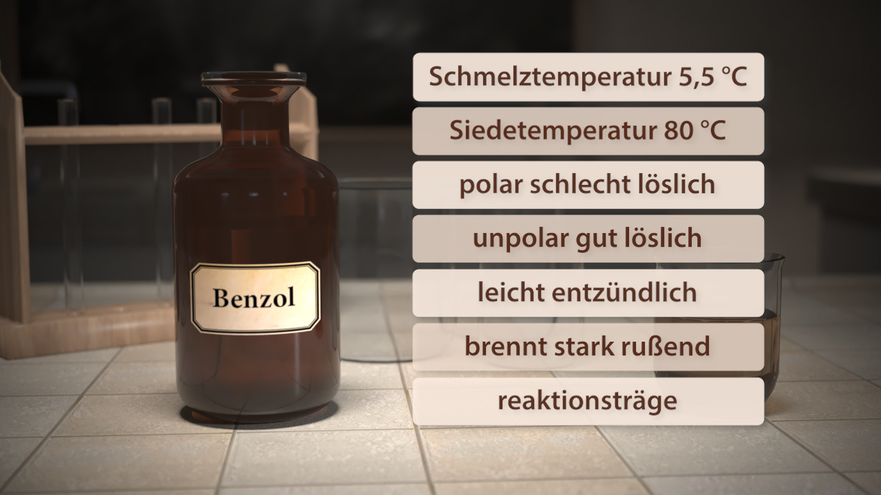Braunes Glasgefäß mit der Aufschrift 'Benzol', umgeben von chemischen Eigenschaften wie Schmelz- und Siedetemperatur.