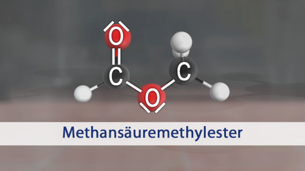 Molekülstruktur von Methansäuremethylester mit chemischen Bindungen dargestellt.