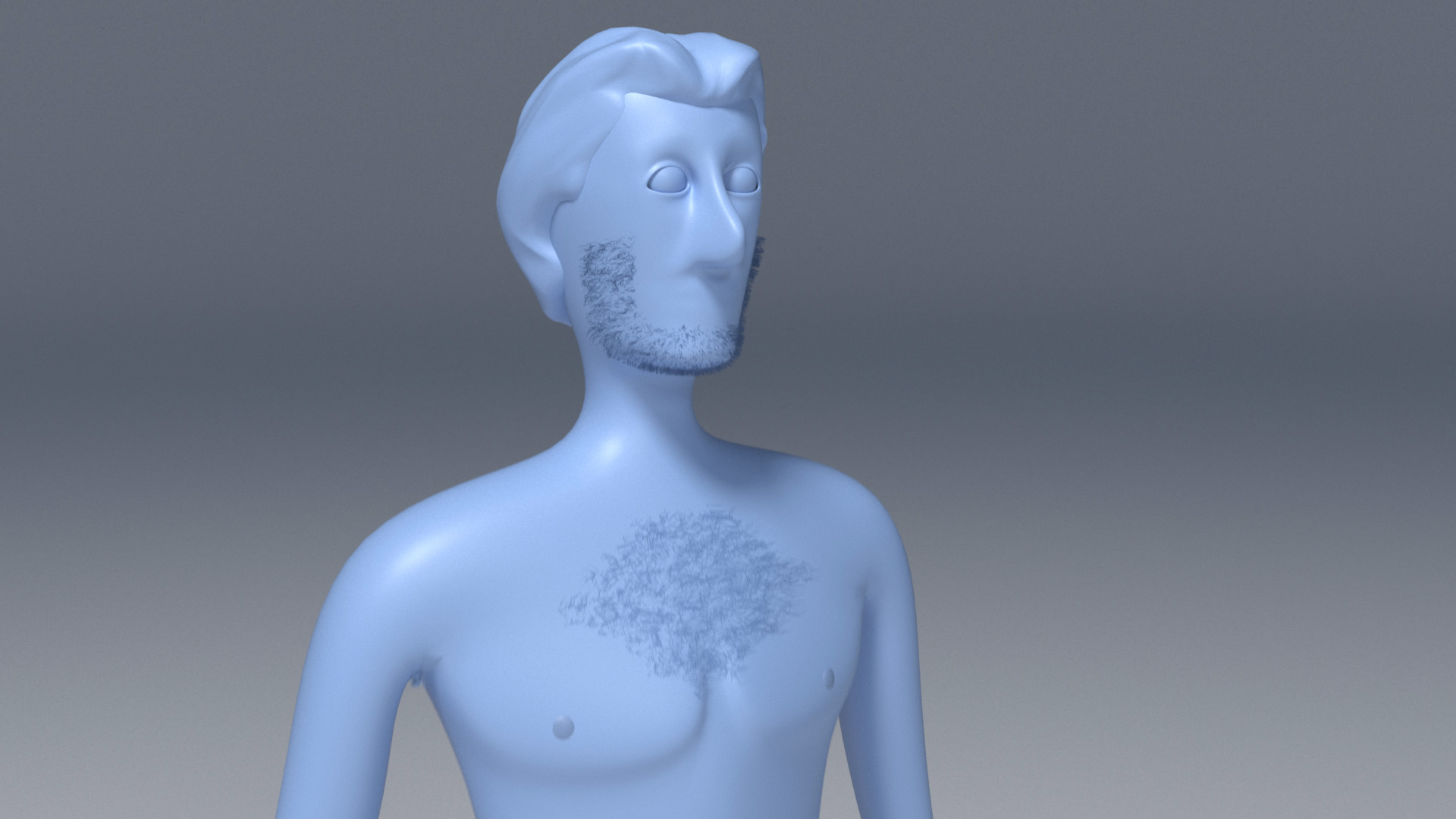 Blauer 3D-Charakter mit einem Baum-Motiv auf der Brust.