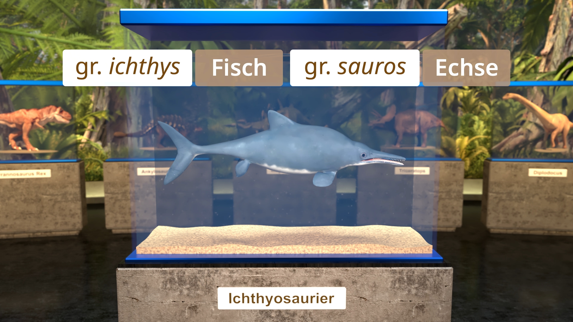 Modell eines Ichthyosauriers in einem Museumsvitrinen-Display mit Beschriftungen zu griechischen Begriffen und den Worten 'Fisch' und 'Echse'