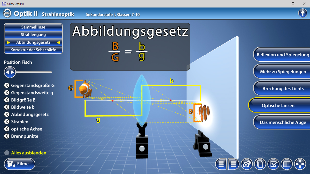 Diagramm des Abbildungsgesetzes in der Optik mit Formeln und grafischen Elementen zur Darstellung von Lichtstrahlen und Linsen.