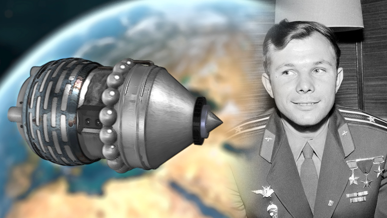 Ein Raumfahrzeugtriebwerk neben einem lächelnden Mann in Militäruniform.