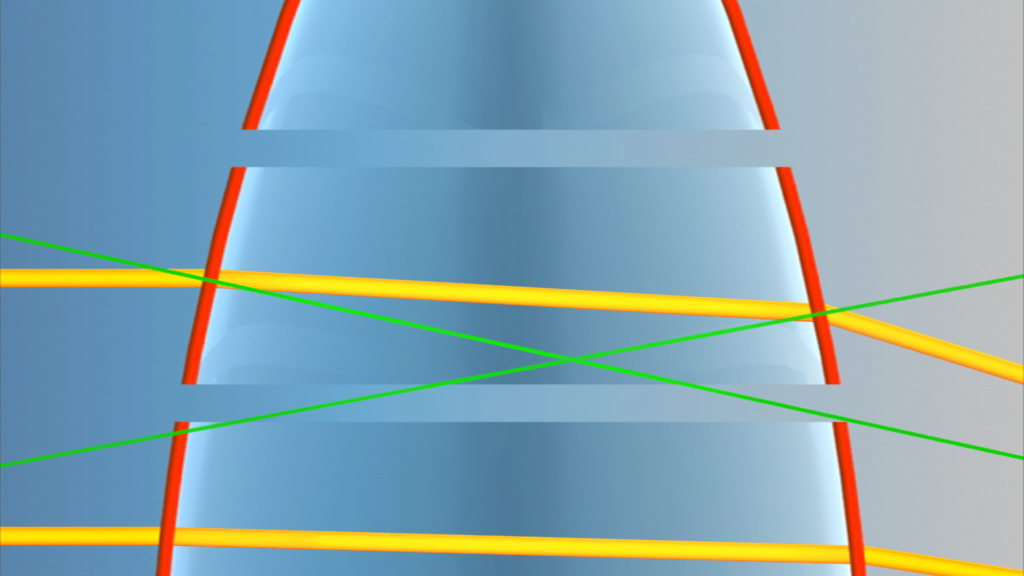 Grafik, die geometrische Linien und Kurven zeigt, die sich über eine konische Form erstrecken.
