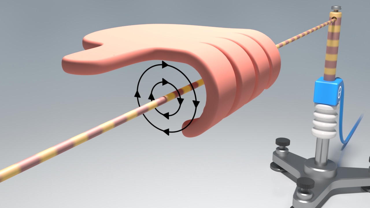 Animation zeigt eine Hand, die einen Faden um einen Stab wickelt, mit Pfeilen, die die Drehbewegung anzeigen.