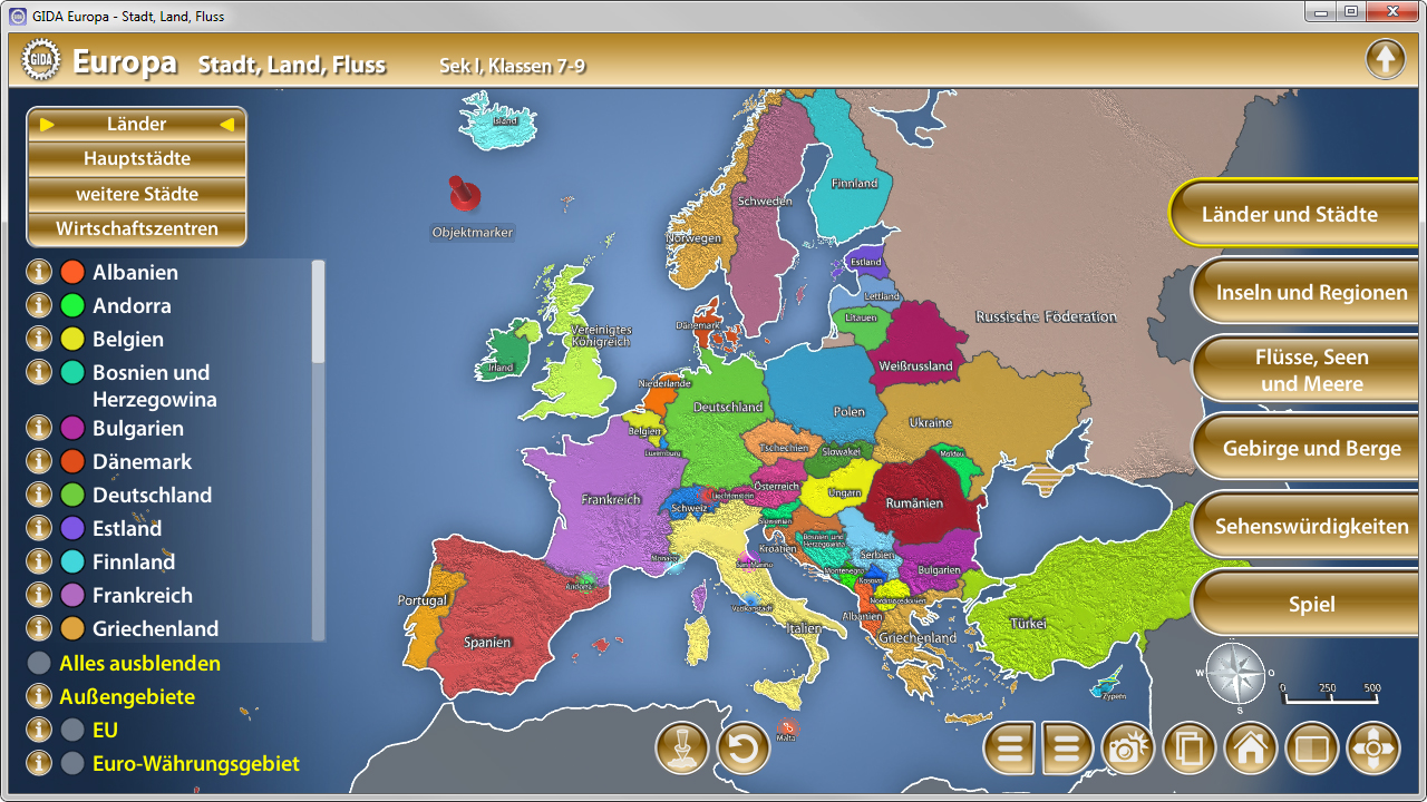 Interaktive Karte von Europa mit Ländern, Hauptstädten und geografischen Informationen, farblich markiert.