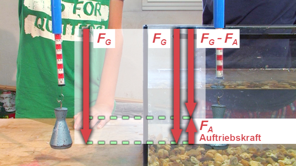 Diagramm zur Erklärung der Auftriebskraft mit Kräften und deren Differenz.