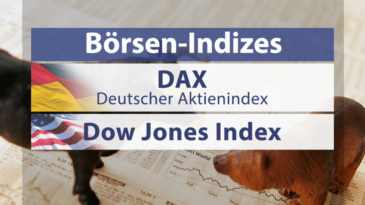 Grafik mit den Börsen-Indizes DAX und Dow Jones Index, darunter die Flaggen von Deutschland und den USA.