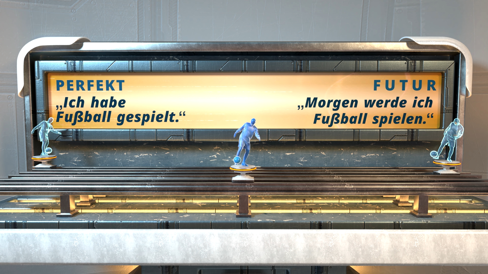 Leuchttafel mit den Überschriften 'PERFEKT' und 'FUTUR' und den Texten 'Ich habe Fußball gespielt.' und 'Morgen werde ich Fußball spielen.' sowie drei kleine Fußballspielerfiguren davor.