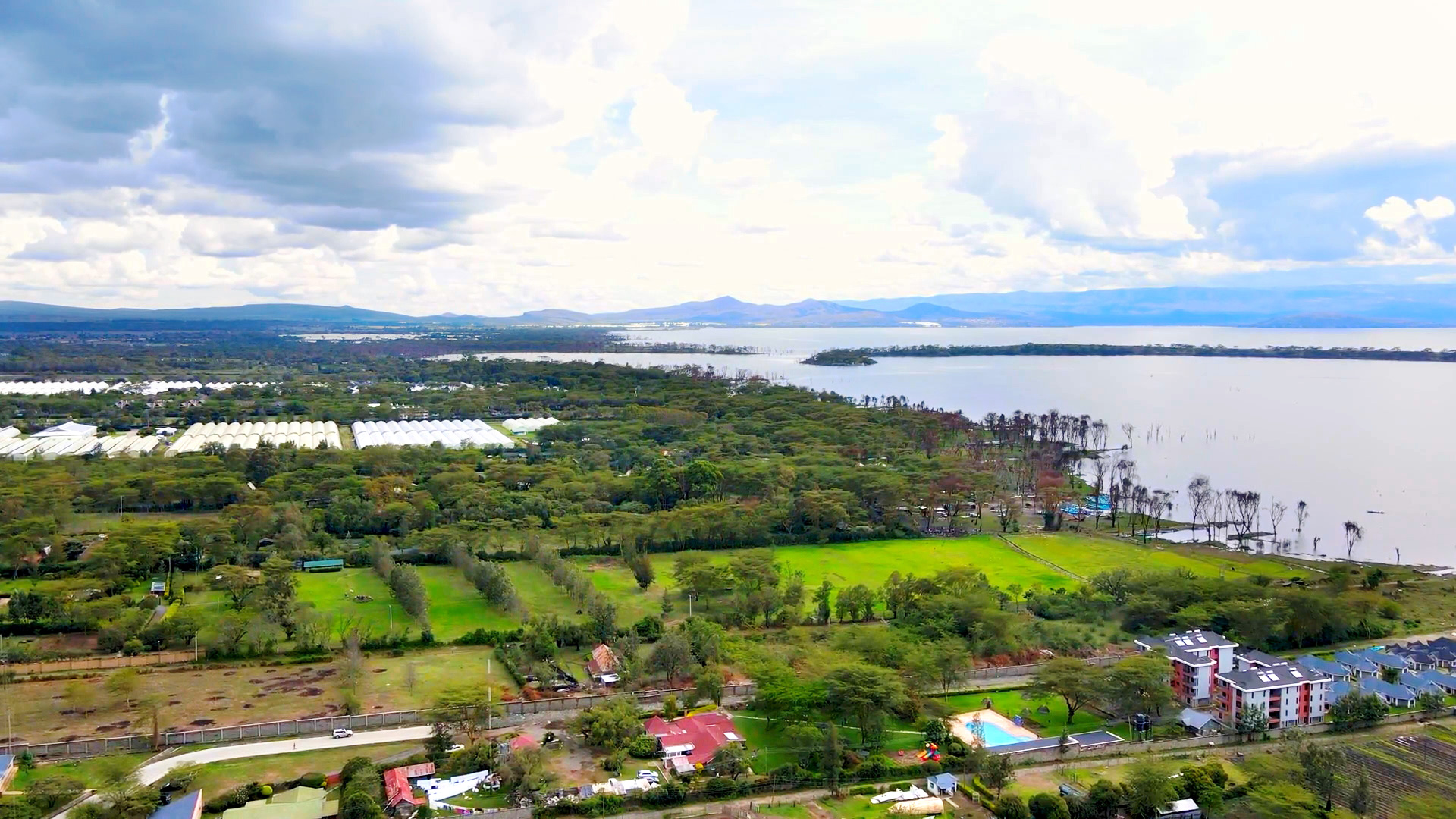Luftaufnahme einer Landschaft mit Wasser, Bäumen und landwirtschaftlichen Flächen.
