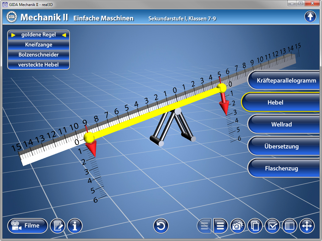 Interaktive 3D-Darstellung von einfachen Maschinen, einschließlich Hebel, Rad und Übersetzung mit Maßstab und Kräfteeinheiten.
