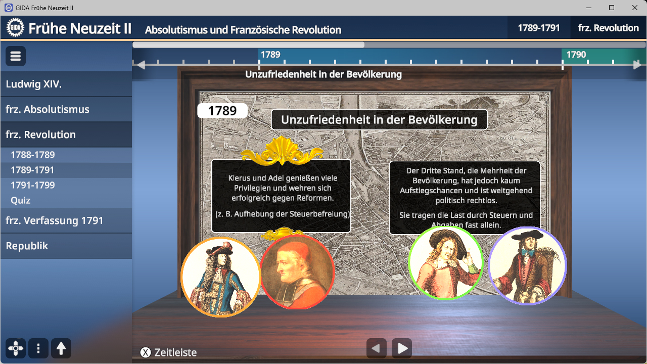 Tafel mit Texten und Illustrationen zu Unzufriedenheit in der Bevölkerung während der Französischen Revolution, darunter Porträts von Ludwig XIV und Vertretern der Ständeordnung