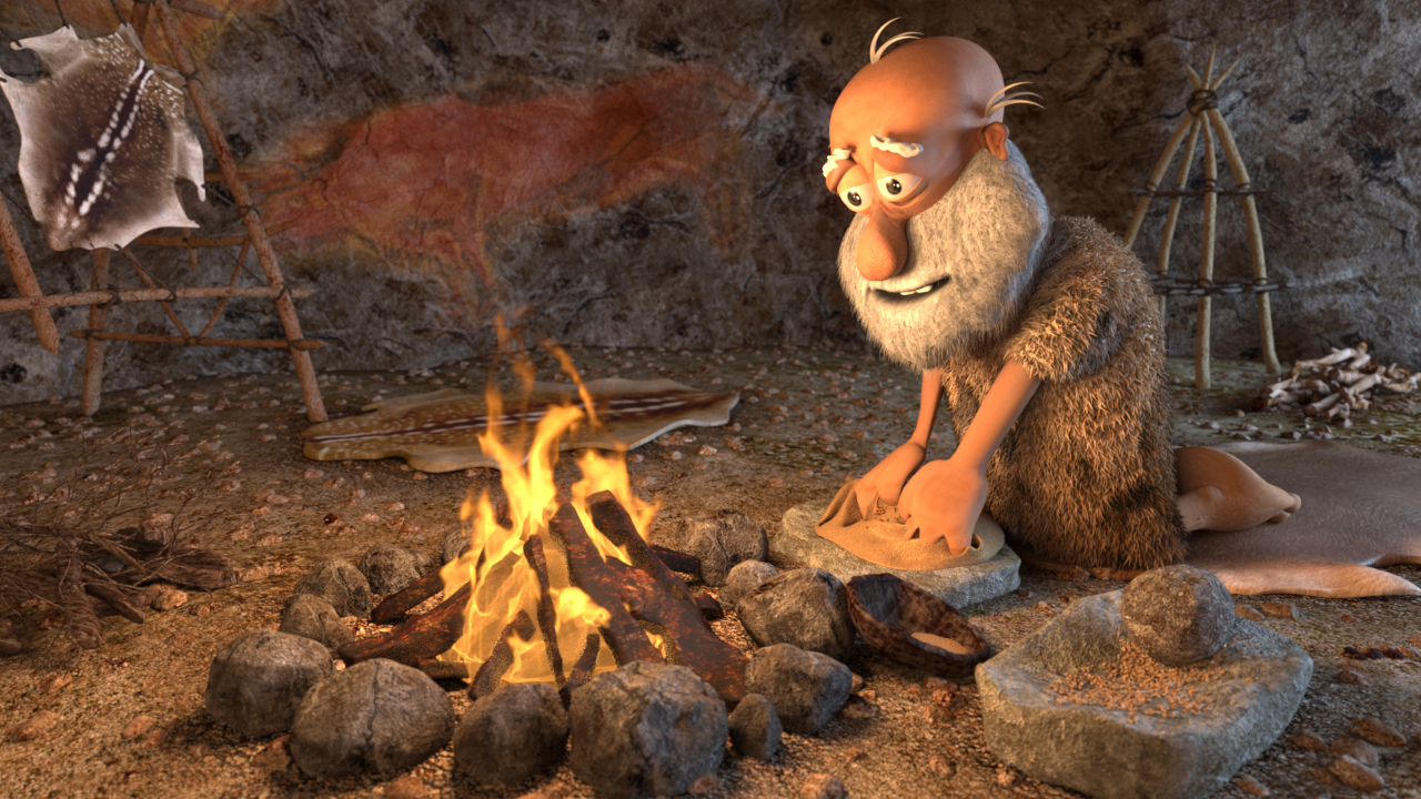 Ein animierter prähistorischer Mann mit grauem Bart kniet vor einem Feuer in einer Höhle, umgeben von Steinen und Tierhäuten.