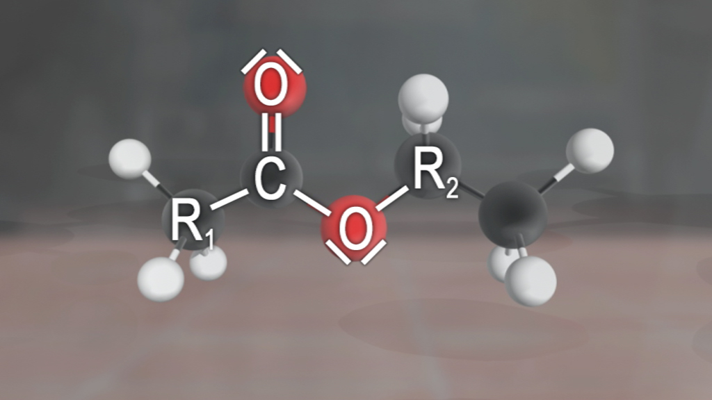 3D-Darstellung eines Moleküls mit zwei R-Gruppen, einem Sauerstoffatom und einem Kohlenstoffatom in der Mitte.