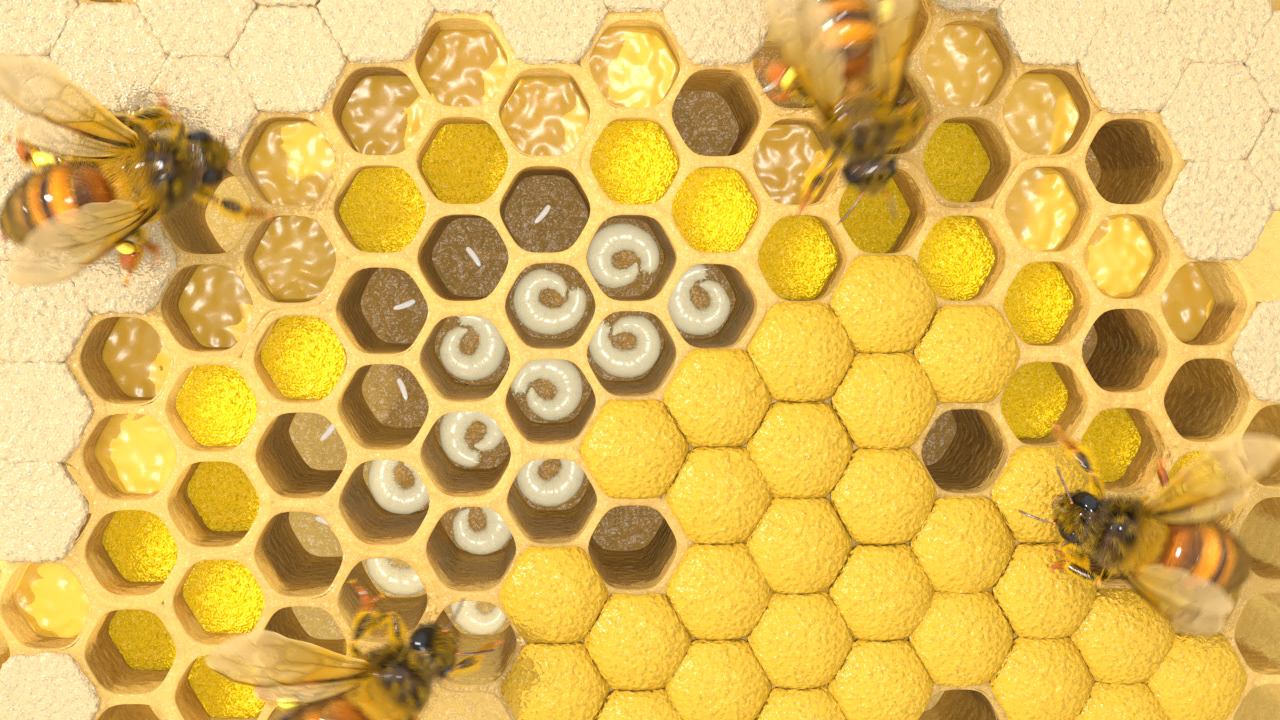 Bienen arbeiten an einer Wabe mit Honig und Larven in sechseckigen Zellen.