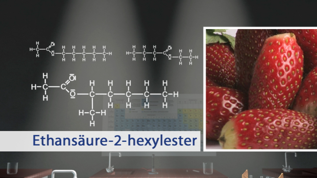 Chemische Strukturformel von Ethansäure-2-hexylester neben einer Nahaufnahme von frischen Erdbeeren.