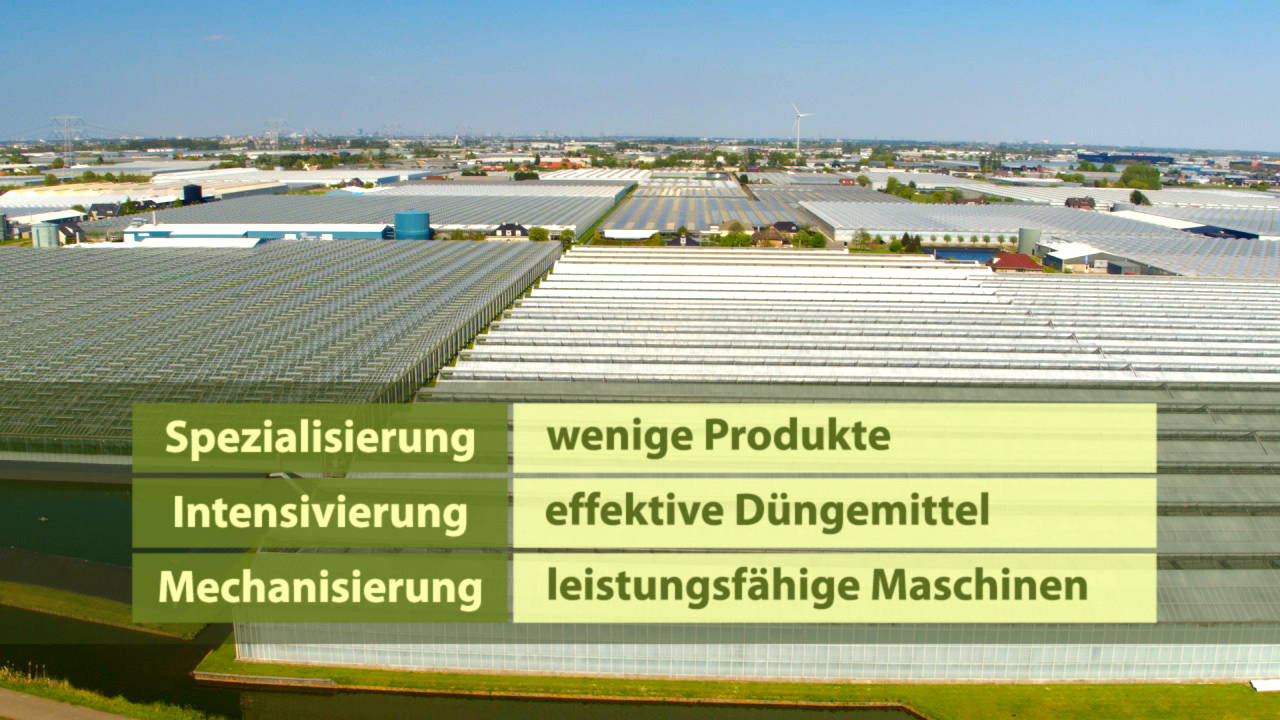 Luftaufnahme eines Gewächshauses mit Text über Spezialisierung, Intensivierung und Mechanisierung in der Landwirtschaft.