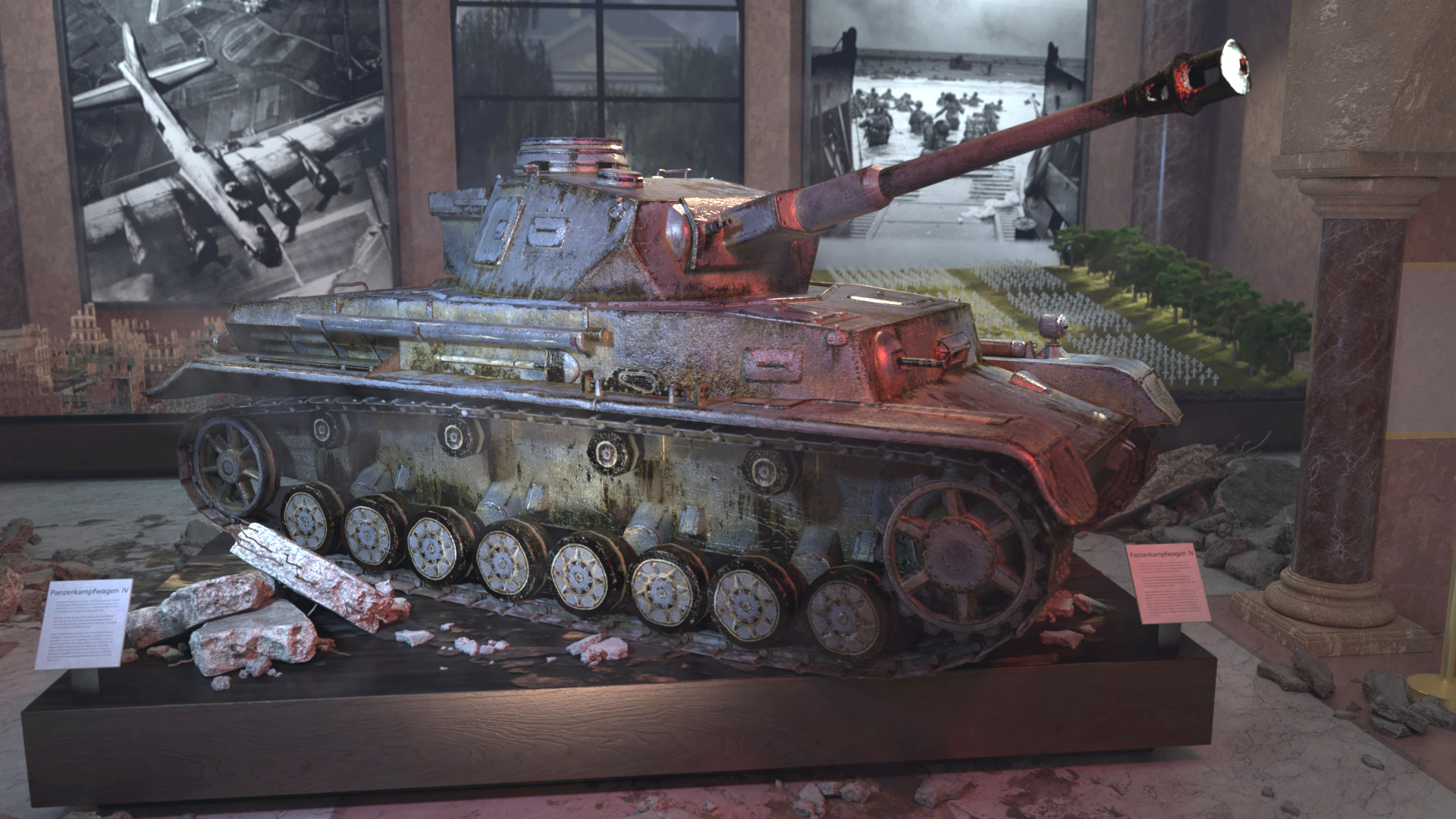 Ein historischer Panzer steht in einem Museum, umgeben von zerstörten Gebäuden und militärischen Fotografien.