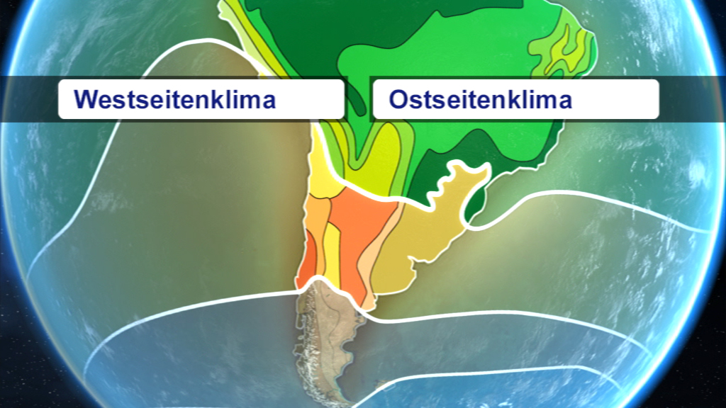 Karte von Südamerika, die das Westseitenklima und Ostseitenklima farblich darstellt.