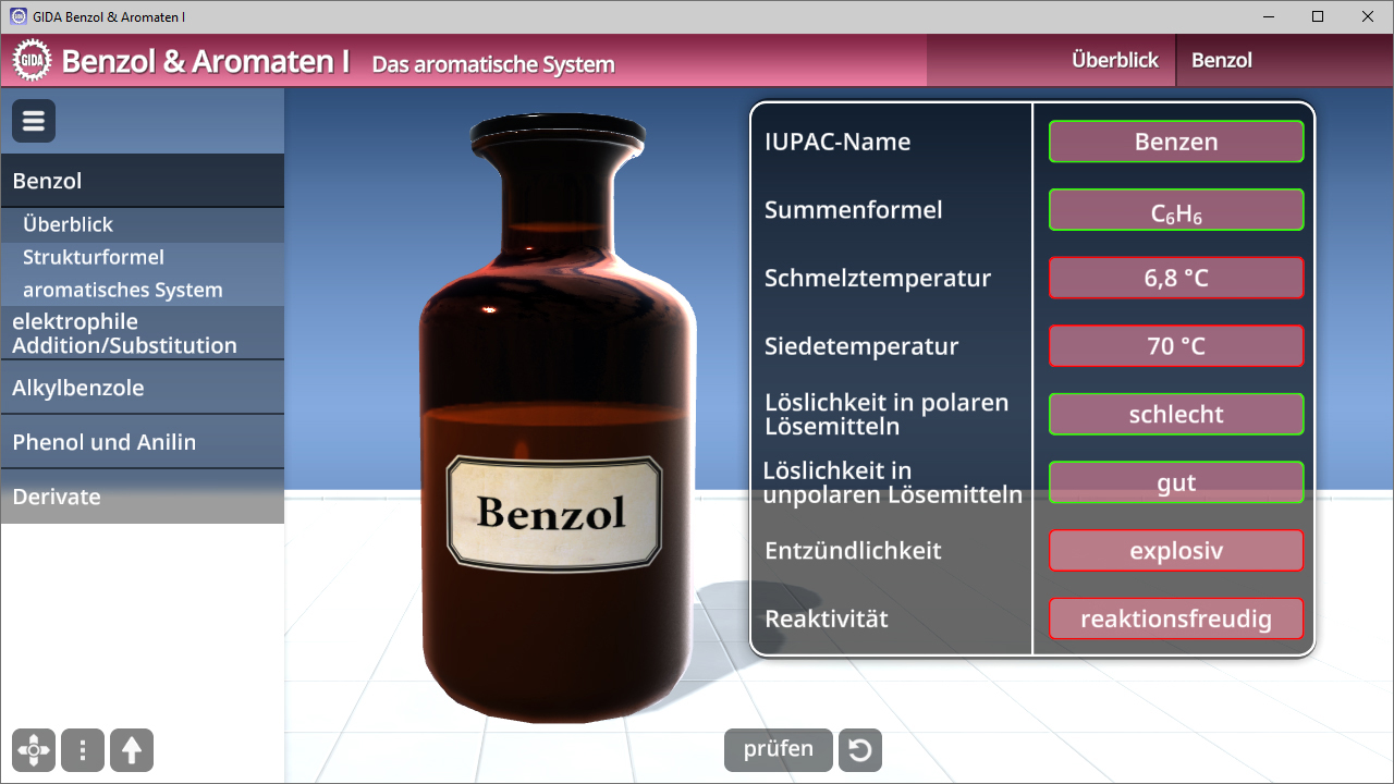 Interaktive Darstellung eines Benzol-Fläschchens mit chemischen Eigenschaften wie IUPAC-Name, Summenformel und Löslichkeit.