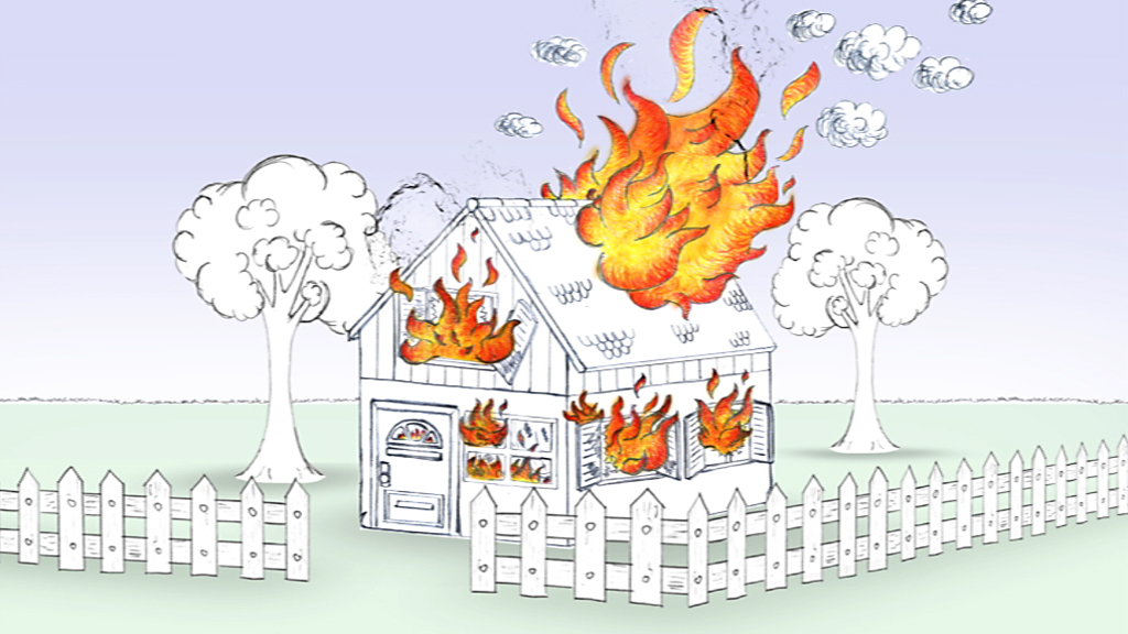 Ein gezeichnetes Haus brennt, mit Flammen und Rauch, umgeben von einem Garten und einem Zaun.