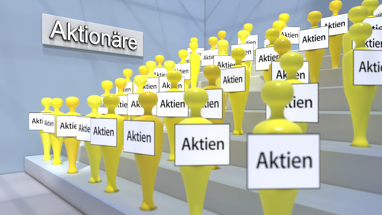 Gelbe Figuren auf Treppen mit Schildern, die 'Aktien' zeigen, symbolisieren Aktionäre.